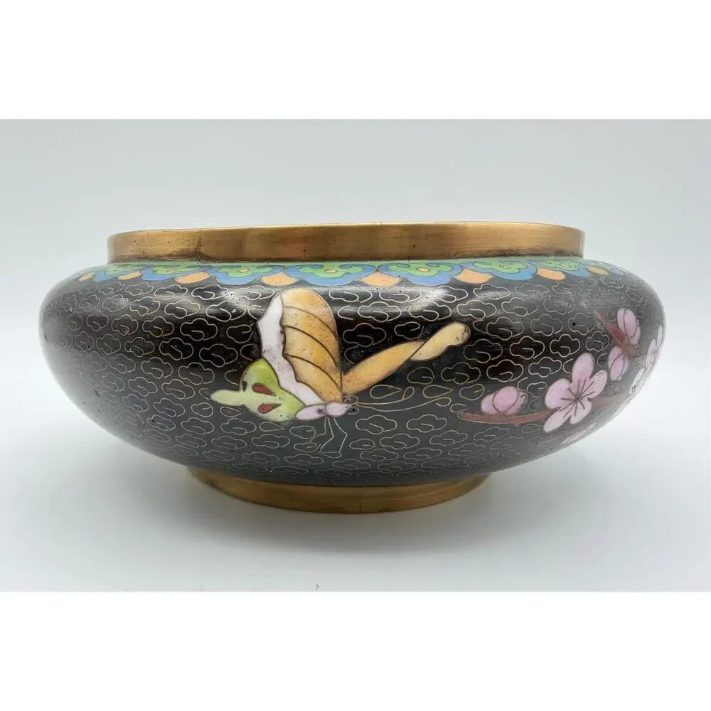 Chinese Cloisonné Lidded Bowl Hand Painted Enamel Flowers & Butterflies Vintage